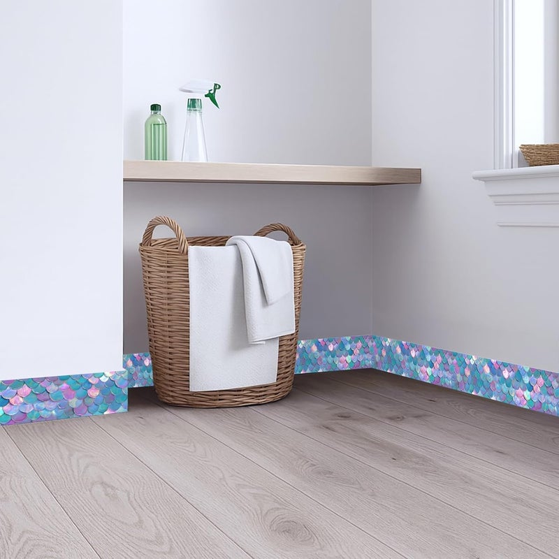 IOHEFY Mermaid Scale Wallpaper Border 196x4 Inch Peel and Stick Wall Border Iridescent Pastel Blue Pink Glitter Pattern Removable Vinyl Wall Trim for Bathroom Bedroom Kitchen DIY Home Decor - Image 4